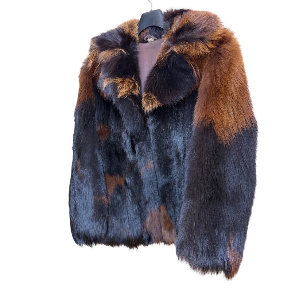 Vintage Womens Size Medium Black Brown Multi-tonal Collared Real Fur Jacket